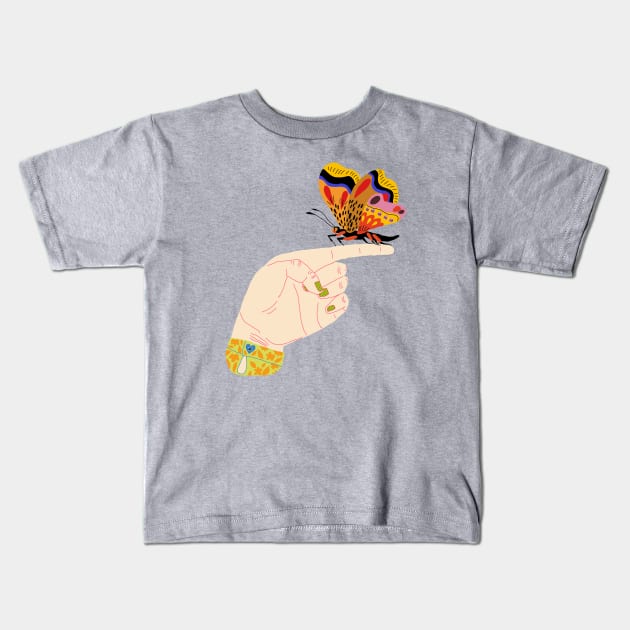 Butterfly on a finger Kids T-Shirt by ezrawsmith